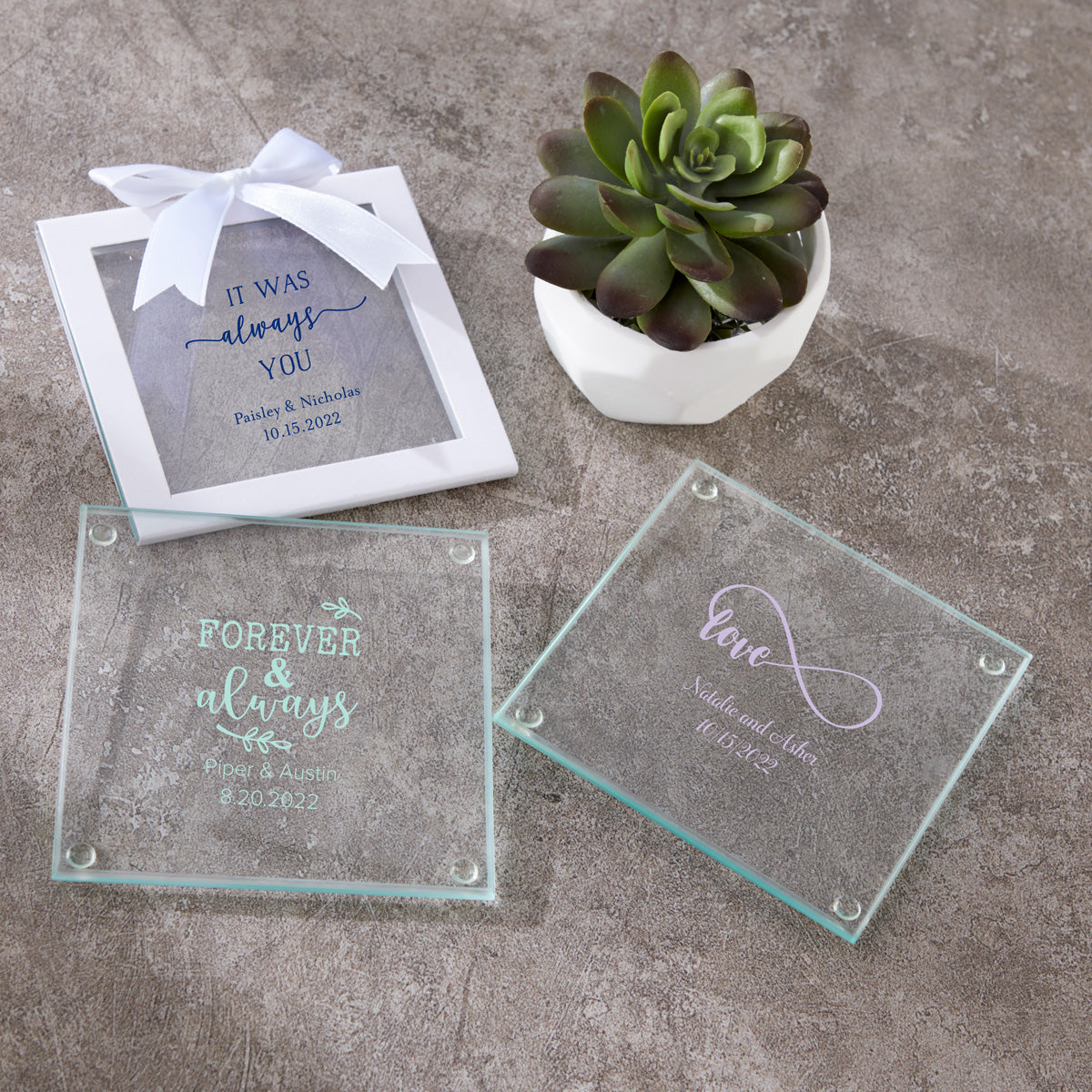 Custom Engraved Glass Coasters Set of 4 - Personalized Drink Coasters for Home Bar, Wedding Gifts & Housewarming - Elegant Glass Drink Coasters for Coffee Table, Office Desk & Party Decor