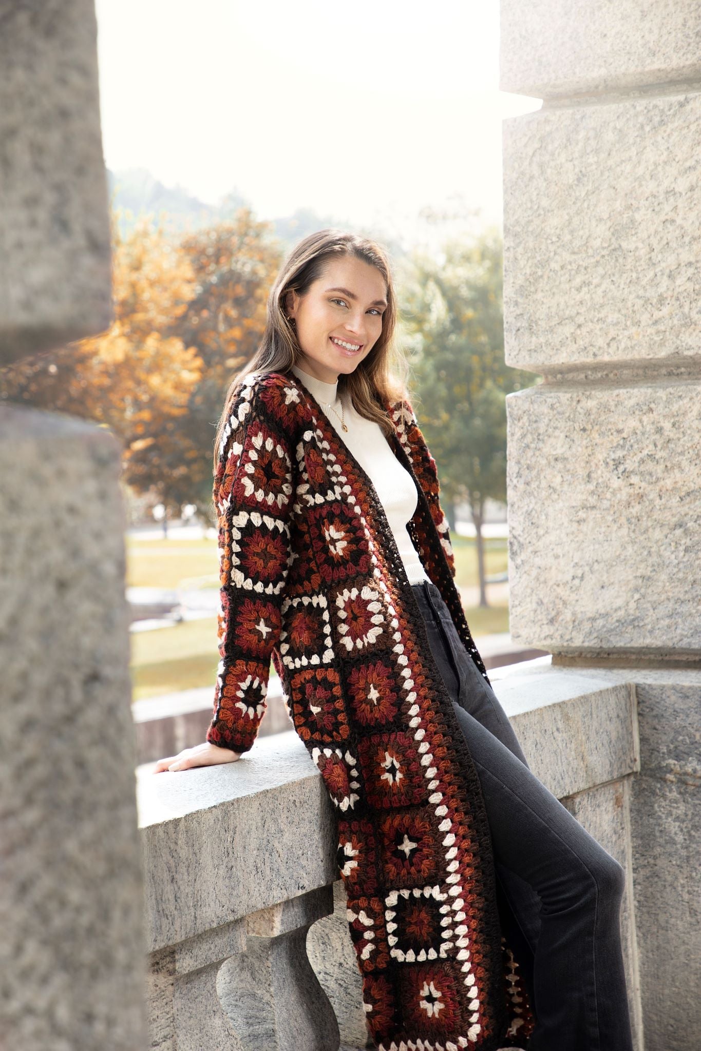 Cozy Wool Crochet Square Kimono Long Cardigan - Soft Handmade Knit Wrap for Women - Perfect for Fall, Winter & Boho Fashion