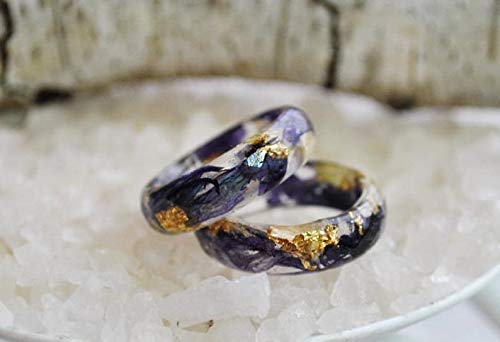 Nature Inspired Engagement Resin Rings with Purple Bells & 24K Gold - Unique Wedding Band for Couples, Handmade Eco-Friendly Jewelry Gift for Her | Perfect for Proposals, Anniversaries & Romantic Occasions