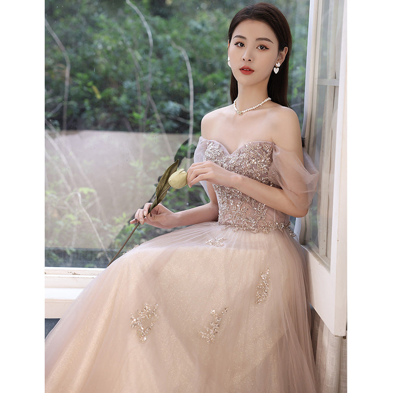 Elegant Off Shoulder Sequin Prom Dress - A-Line Tulle Formal Gown for Homecoming, Evening Party & Special Occasions | Style 667