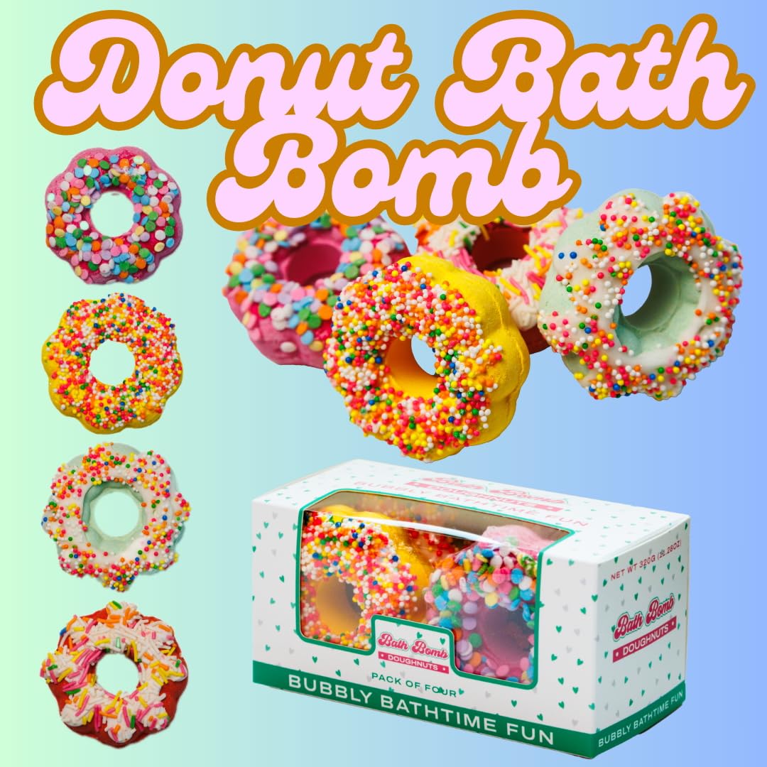 Donut Bath Bombs Gift Set - 4 Piece Fun Donut Shaped Bath Bombs for Women, Kids & Moms | Perfect Birthday, Valentine's Day, Easter, Christmas & Mother's Day Gift | Relaxing Bath Time for Spa Nights & Self-Care