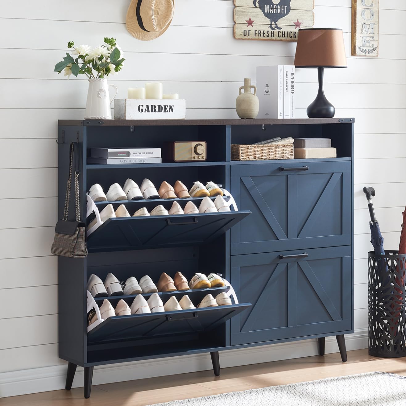 Farmhouse Shoe Storage Cabinet with 4 Flip Drawers & Barn Door Design - Freestanding Hidden Slim Narrow Shoe Rack Organizer with Open Shelves for Entryway, Foyer, Hallway - Perfect for Small Spaces & Home Organization (Blue)