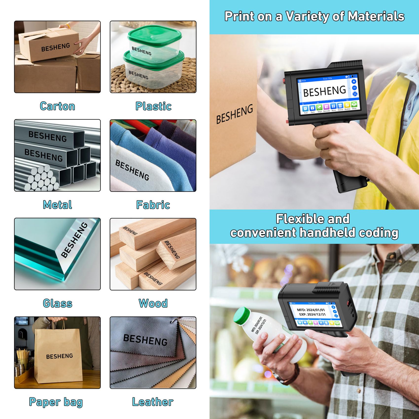 BESHENG TH10 Portable Inkjet Printer - 2~12.7mm Printing Height, Quick-Drying Ink Cartridge for Date/Time/QR Code/Text (Ideal for Food Packaging, Pharmaceutical Labeling & Industrial Product Coding)