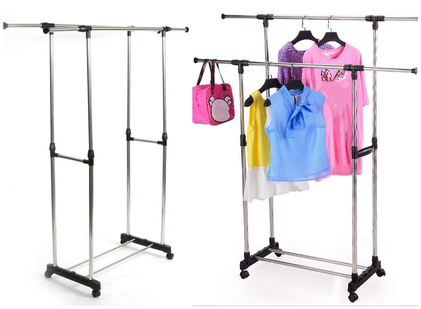 YeSbTx Rolling Clothes Rack - Adjustable Double Rod Garment Rack with Shelves & Wheels | Portable Coat Stand Organizer for Hanging Clothes, Coats, Shoes | Perfect for Bedroom, Closet, Laundry Room & Dorm Organization