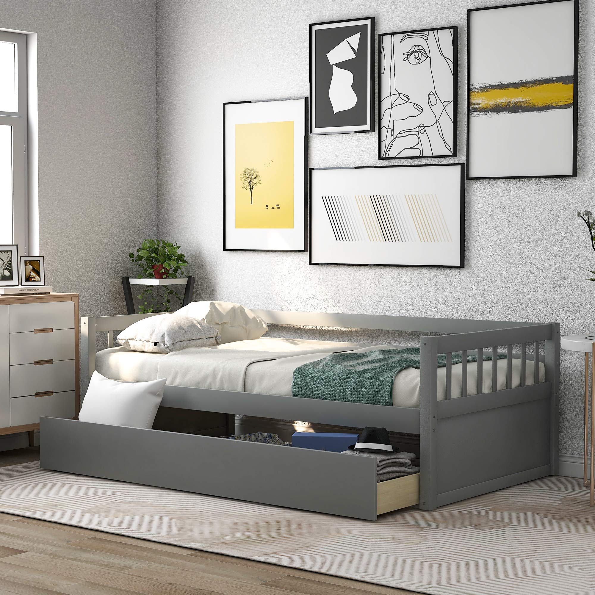 Twin Size Wood Daybed with 2 Storage Drawers - Convertible Sofa Bed Frame for Living Room, Bedroom, Kids Room - Perfect for Teens, Boys, Girls & Guest Sleeping (Grey) | Space-Saving Multi-Functional Furniture for Small Apartments & Dorm Rooms