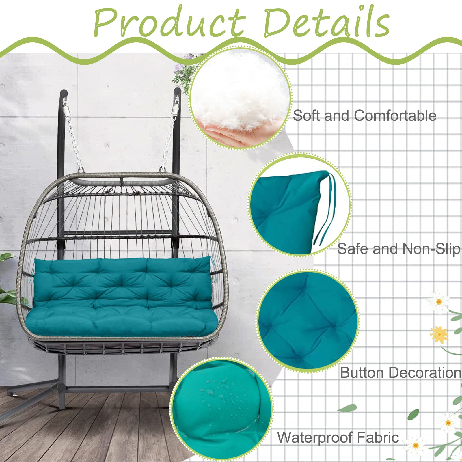 Premium Swing Replacement Cushions with Backrest - Waterproof Non-Slip Overstuffed Swing Pad for 2 or 3 Seater - Indoor/Outdoor Bench Cushion for Porch, Garden, Patio Furniture (Lake Blue, 40x60 Inches) - Perfect for Relaxing on Your Deck, Backyard or Sunroom