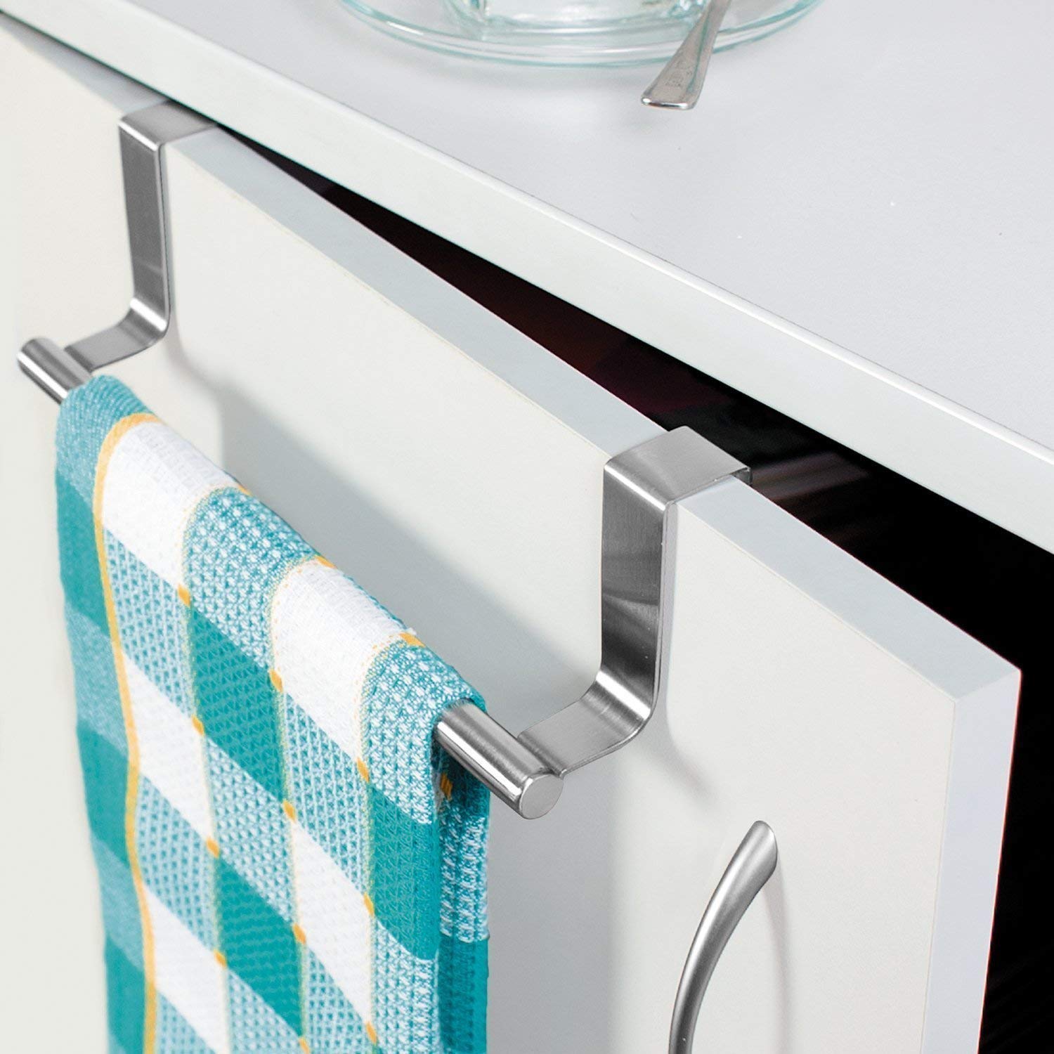 RISSACHI Stainless Steel Towel Bar Holder - Over Door Cabinet Hanger for Kitchen, Bathroom & Closet Organization - Space Saving Drawer Storage Solution for Towels, Robes & Clothes
