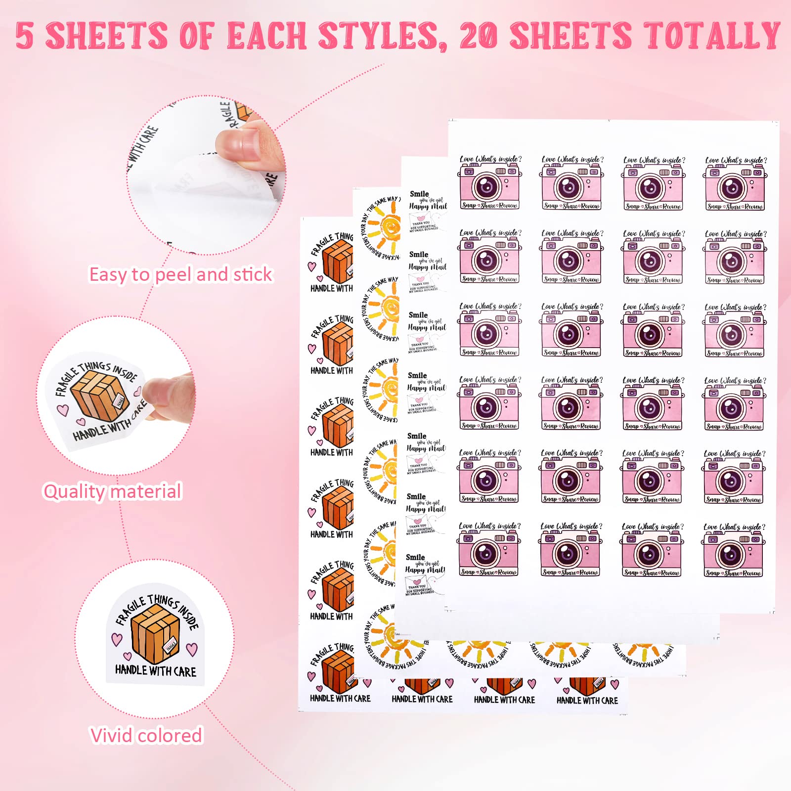 500 PCS Thank You Business Stickers - Small Package Labels, Cute Envelope Seals & Handle with Care Stickers - 4 Adorable Styles (1.77 Inch) - Perfect for Ecommerce Packaging, Mailers & Gift Wrapping