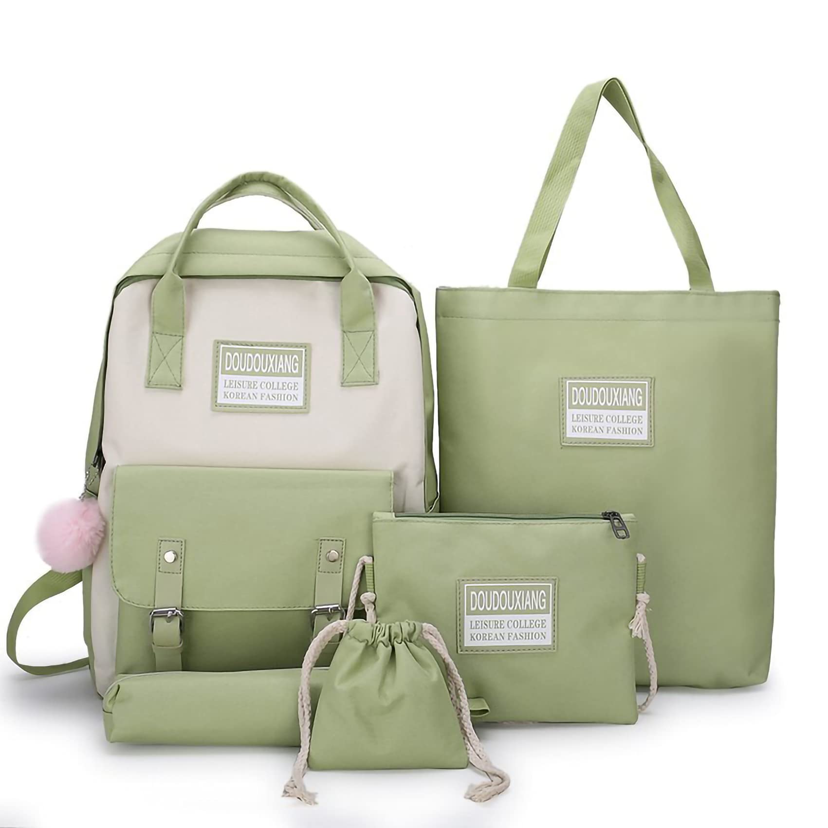 Unisex Laptop Bookbag & 5-Piece School Backpack Set for Teens - Messenger Bag, Tote Bag, Pencil Case & Coin Purse in Green - Perfect for School, College, Travel & Daily Commute