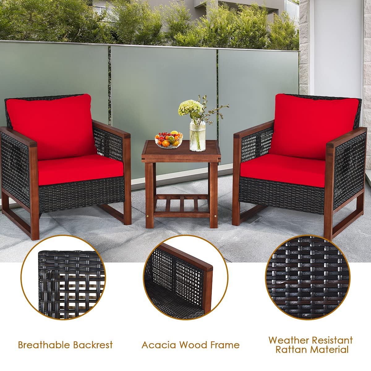 HappyGrill 3-Piece Outdoor Patio Furniture Set - Acacia Wood Wicker Chairs with Coffee Table & Washable Cushions - Perfect for Balcony, Porch, Garden, Poolside & Backyard Relaxation
