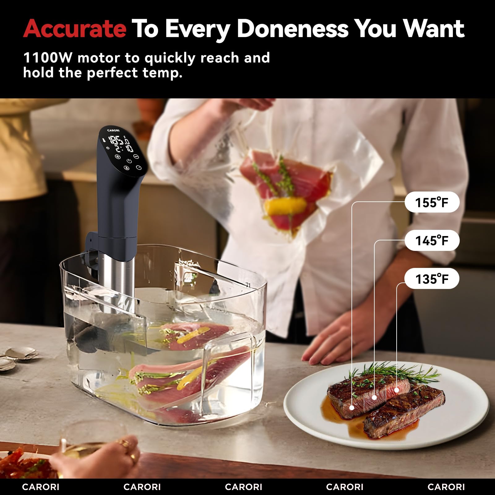 1100W Sous Vide Precision Cooker - Ultra Quiet Immersion Circulator with 20-Piece Vacuum Seal Bags Kit (3 Sizes, Reusable) & Digital Temperature Control - Perfect for Steak, Chicken, Fish & Meal Prep - Includes Free Sous Vide Recipes