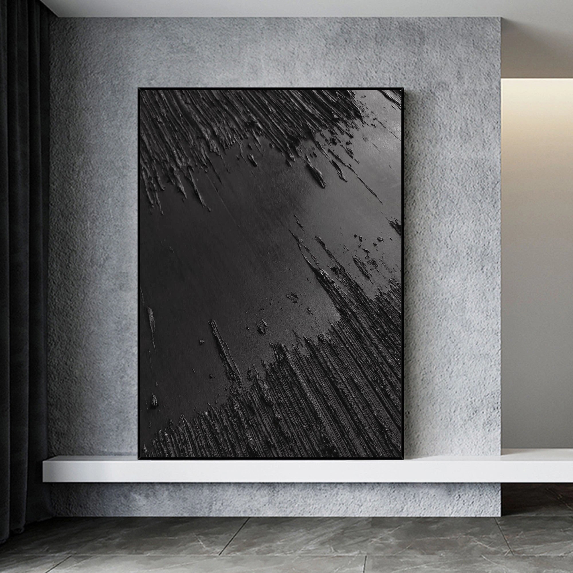 Black Minimalist Textured Painting Canvas #MZ013 - Modern Abstract Wall Art for Living Room, Bedroom & Office Decor