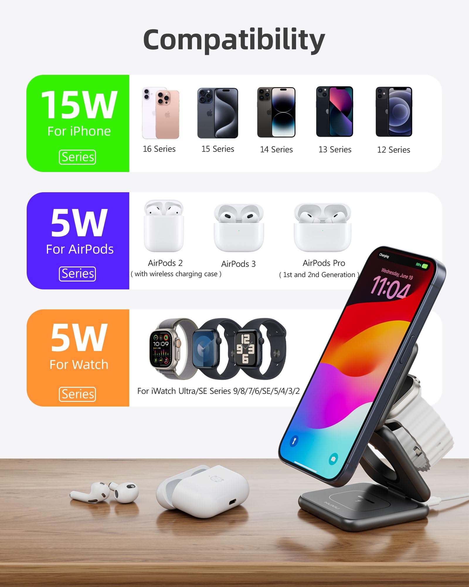 Foldable 3-in-1 Magnetic Wireless Charging Station - Qi2 Certified 15W Fast Charger for iPhone 16/15/14, 5W for Apple Watch & AirPods - Includes 45W PD Adapter - Aluminum Alloy Travel Charger (Gray) | Perfect for Home, Office & Travel Use