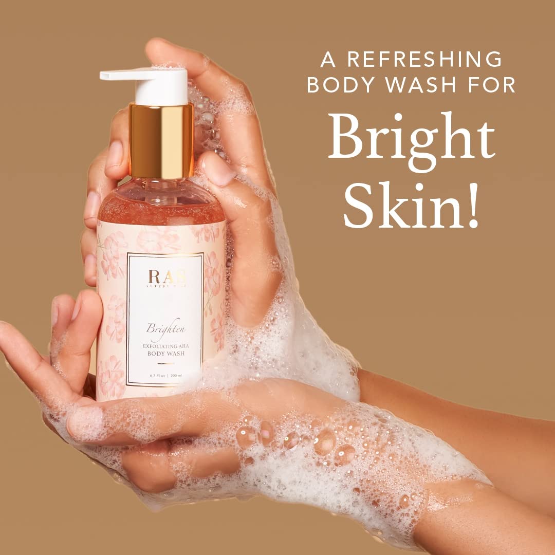 RAS Luxury Oils Brightening Exfoliating Body Wash - Sulfate Free, Himalayan Rose & Pink Pepper Scent, AHA Formula for Glowing Skin - Gentle Exfoliation for Men & Women (200ml) | Perfect for Daily Shower Routine & Spa-Like Experience at Home