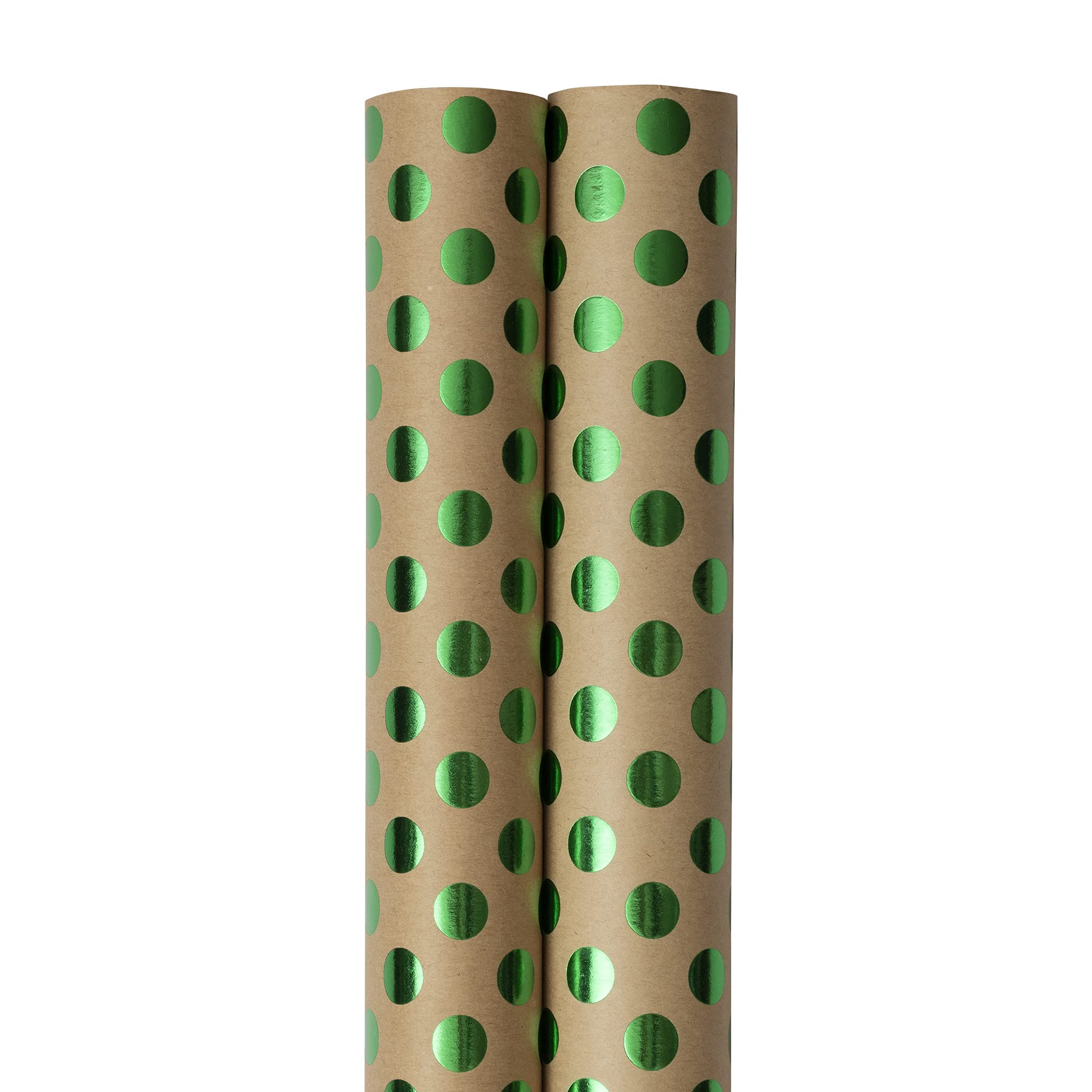 Eco-Friendly Kraft Wrapping Paper with Green Foil Polka Dots - 2 Rolls (50 Sq Ft Total) - Perfect for Gift Wrapping, Party Decorations & DIY Crafts - JAM Paper Gift Wrap