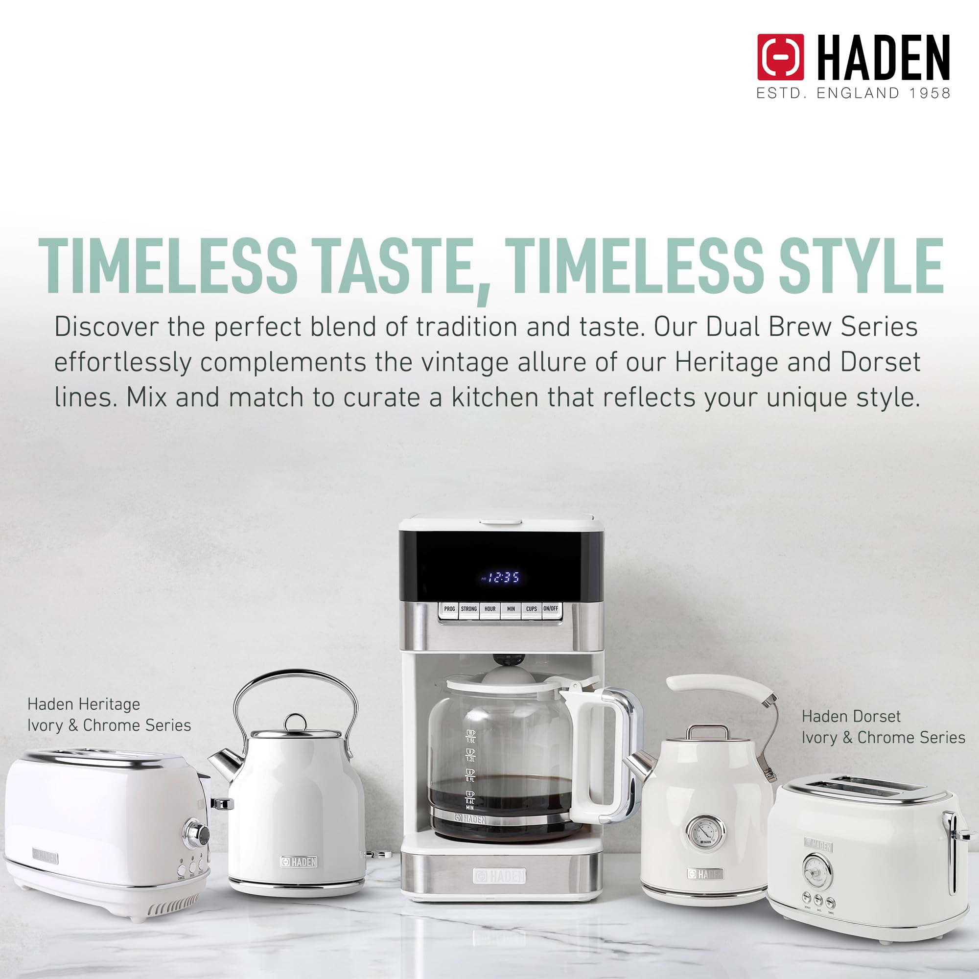 HADEN Quintessential 12 Cup Programmable Coffee Maker with 120-Minute Keep Warm, Delay Brew, Adjustable Strength & Anti-Drip - Ivory/Chrome - Perfect for Home, Office & Morning Brews