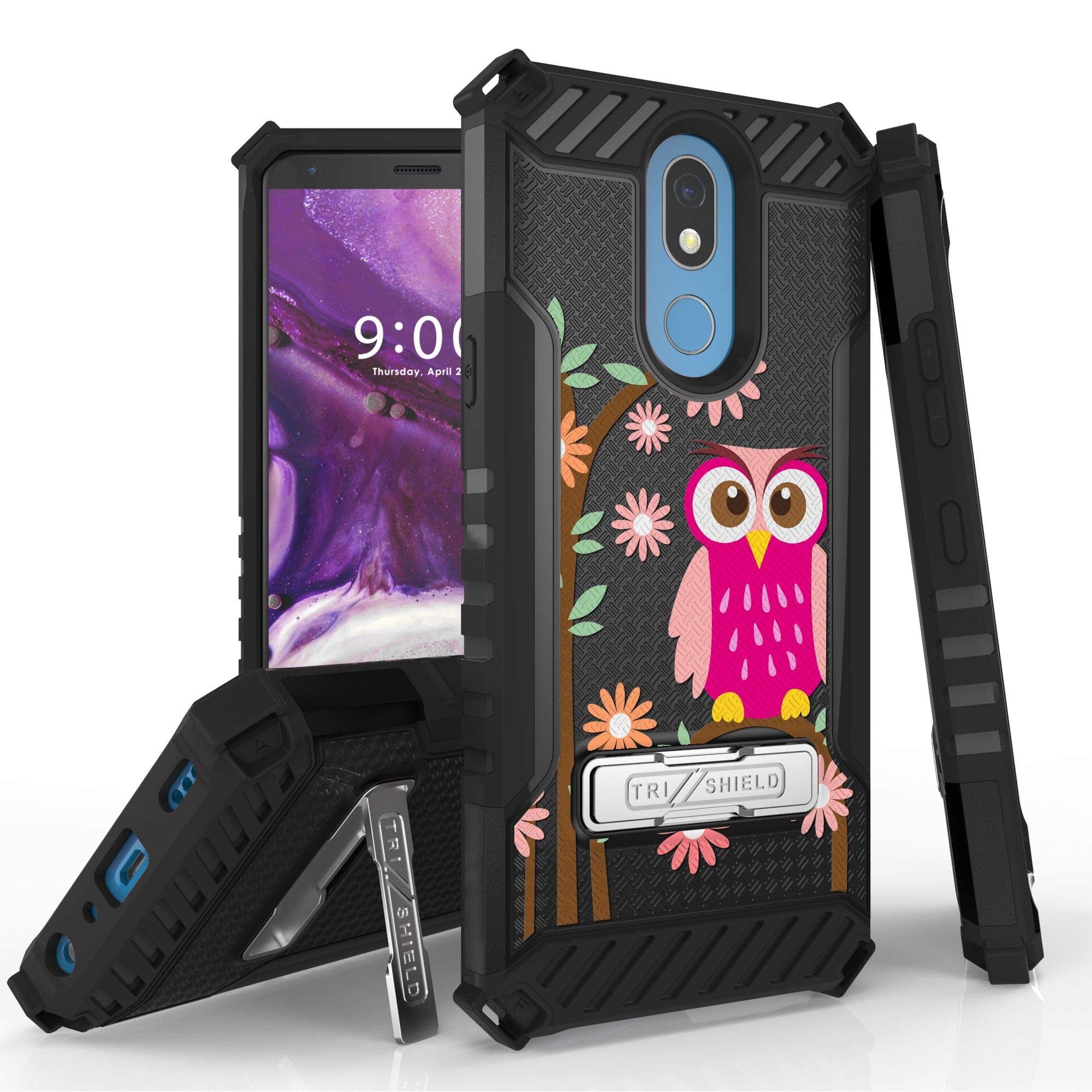 Military Grade Hybrid Shockproof Case with Stand & Dual Layer Cover for LG K40/Solo LTE/X4/Harmony 3/Xpression Plus 2 - Daisy Owl Design | Perfect for Outdoor Activities, Work & Travel Protection