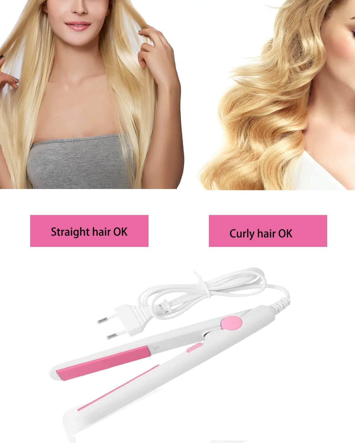 2 in 1 Mini Hair Straightener & Curler - Ceramic Tourmaline Flat Iron with Dual Heating Plates - Portable Travel Hair Styler for Dorm, Home, or On-the-Go (White) - Perfect for Styling, Straightening & Creating Waves Anywhere