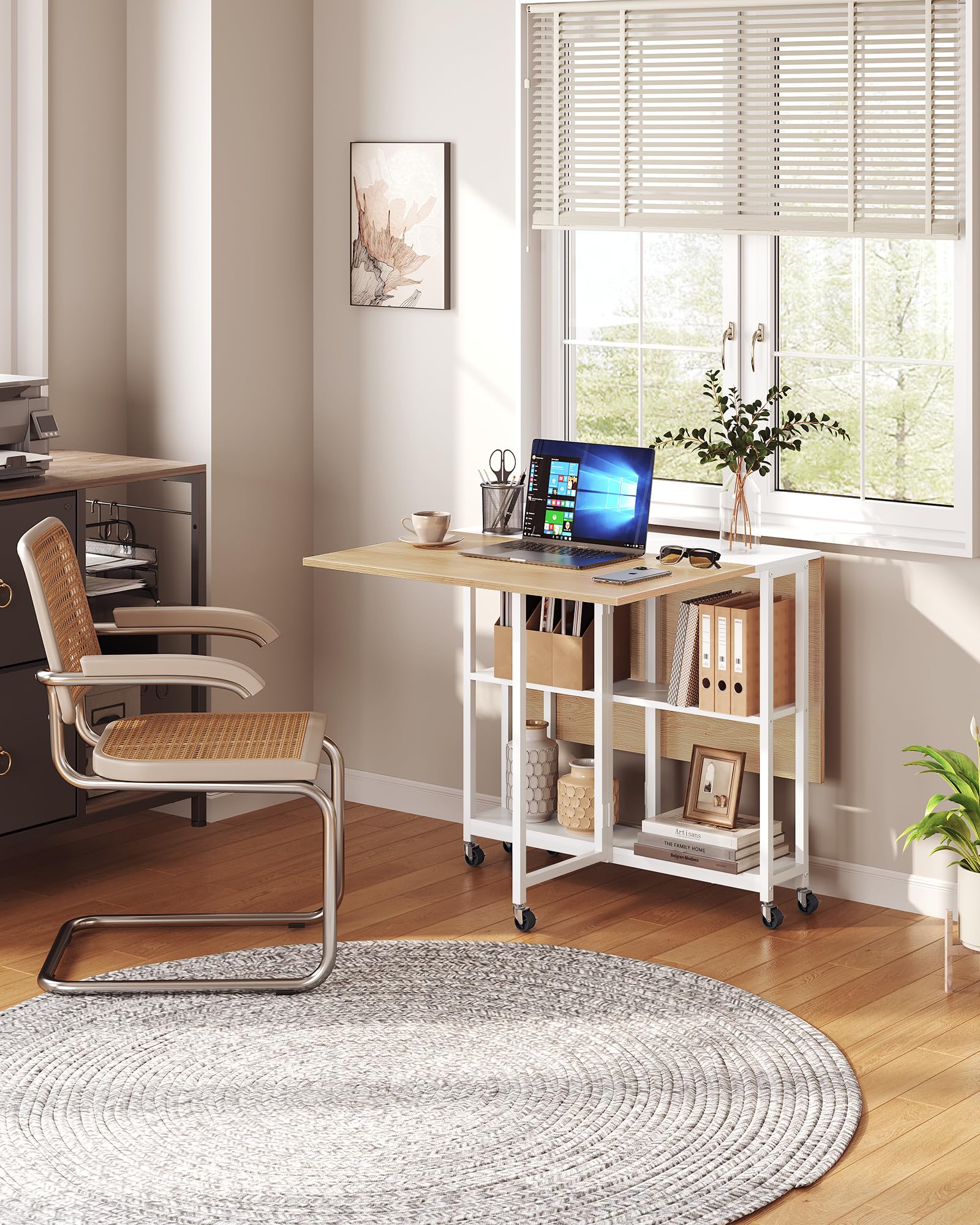 Foldable Expandable Dining Table with Wheels - Space Saving Kitchen & Living Room Furniture for Small Apartments, White & Natural Wood Finish (Model TCZ01WN) - Perfect for Compact Homes, Studio Apartments & Multi-Purpose Spaces