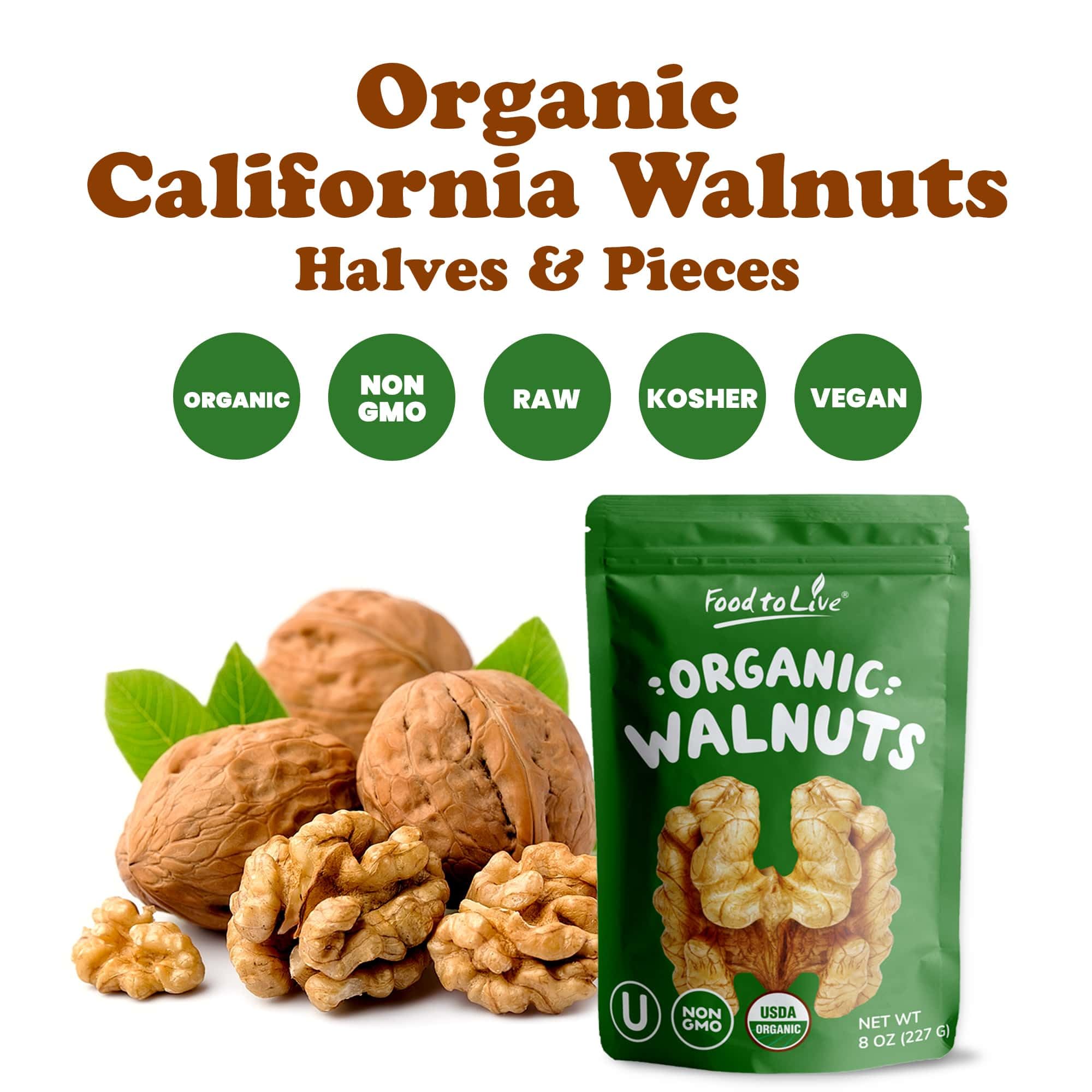 Organic California Walnuts Halves & Pieces - 25lb Bulk Non-GMO, Raw, Unsalted, Shelled, Vegan, Kosher | High in Omega-3 & Protein | Perfect for Baking, Cooking, Salads & Healthy Snacking | Sirtfood Diet Friendly