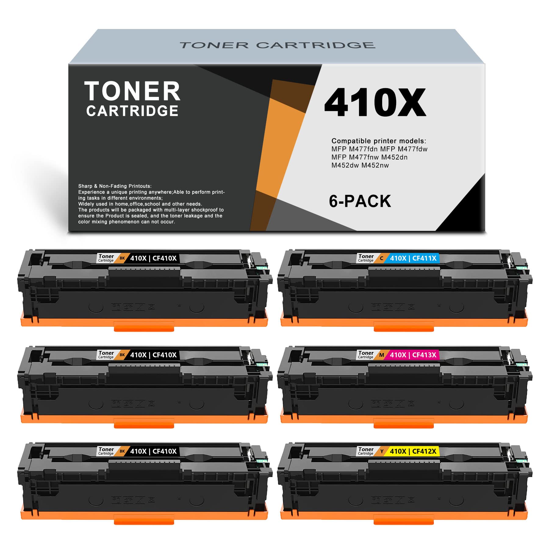 ARSEINK 6-Pack Compatible 410X CF410X CF411X CF412X CF413X Toner Cartridges Replacement for HP MFP M477fdn M477fdw M477fnw M452dn M452dw M452nw Printers - 3BK/C/M/Y (Black, Cyan, Magenta, Yellow) - High-Yield Printing for Office & Home Use