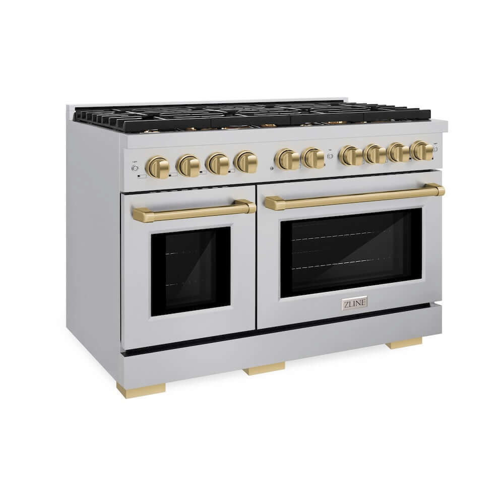 ZLINE Autograph Edition 48-inch 6.7 cu. ft. Paramount Double Oven Gas Range with 8 Burner Cooktop - Stainless Steel & Champagne Bronze Accents (SGRZ 48 CB) | Professional Kitchen Appliance for Home Chefs & Entertaining