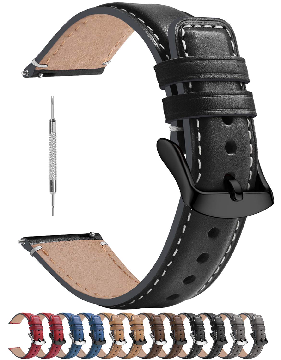 Quick Release Leather Watch Band 22mm 20mm 18mm for Samsung Galaxy & Garmin - Premium Burnished Strap for Work & Casual Wear