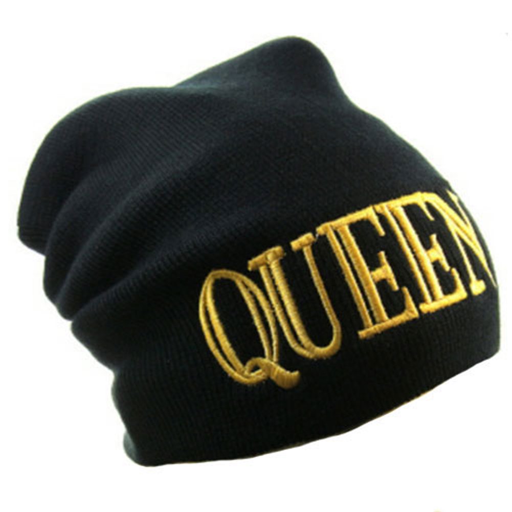 Okstar Queen Bold Letter Logo Black One Size Fashion Beanie Hat for Women - Winter Warm Knit Skull Cap, Streetwear & Outdoor Activities