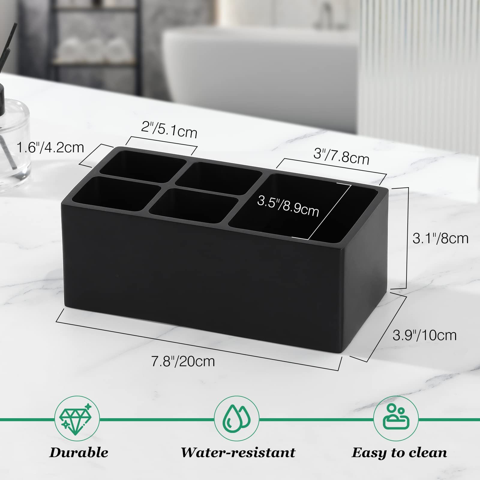Luxspire 5-Slot Toothbrush Holder with Razor Storage & Toothpaste Stand - Resin Bathroom Organizer for Vanity Counter, Sink, and Dental Accessories - Black | Perfect for Small Bathrooms, Apartment Decor, and Travel Essentials Organization