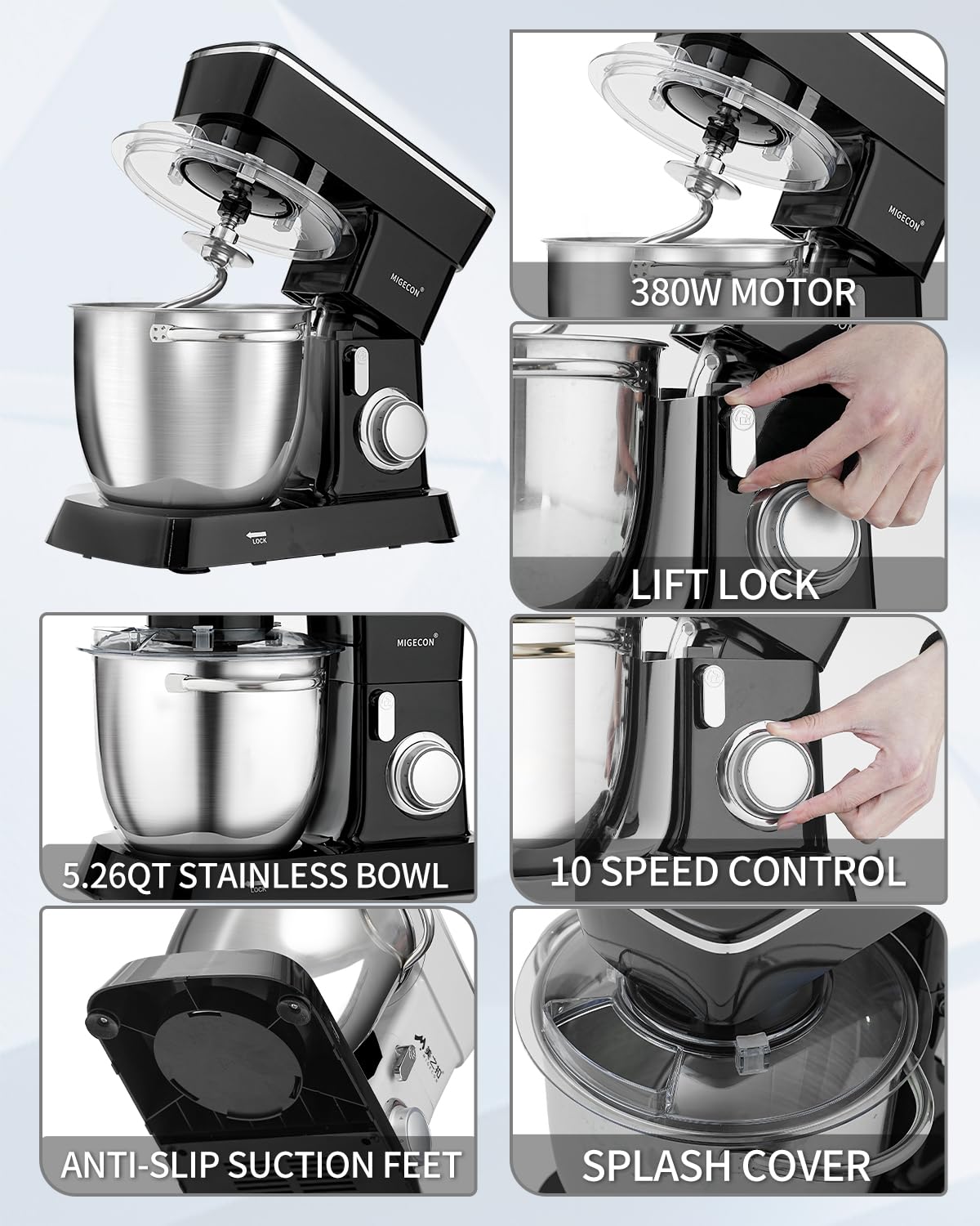 MIGECON 5.26 QT Stand Mixer - Stainless Steel Bowl, 10 Speed Settings with Whisk, Dough Hook & Flat Beater Attachments - Lightweight Portable Kitchen Mixer for Baking Cakes, Cookies & Bread Dough - Perfect for Home Bakers & Small Bakeries (Black)