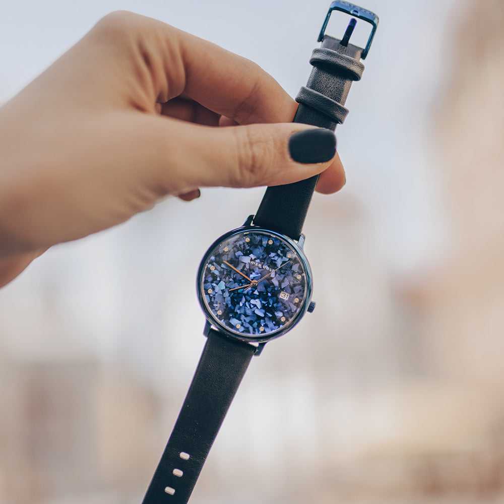 Aries Gold Enchant Fleur Blue Leather Strap Women's Watch - Elegant Timepiece for Casual Wear, Office & Special Occasions