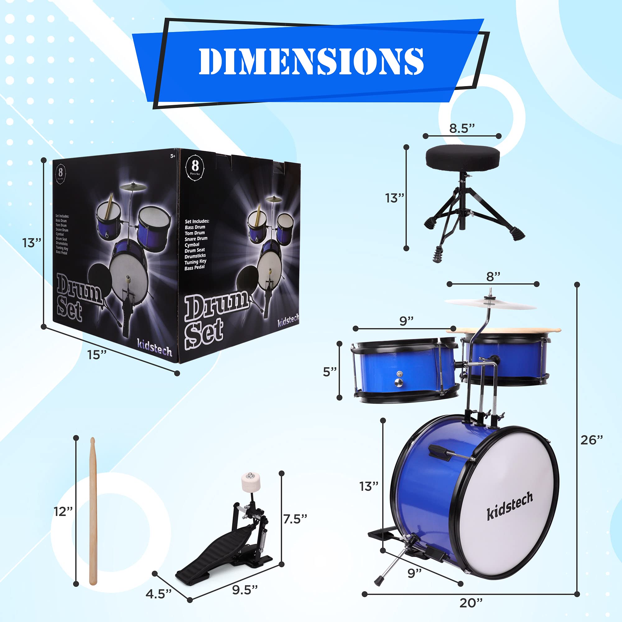 **Kidstech 5-Piece Junior & Adult Drum Set with Microphone, Drumsticks & Adjustable Seat - Musical Toy for Boys, Girls Ages 3+ - Perfect for Birthday Gifts, Home Play & Early Music Education (Large Size)**