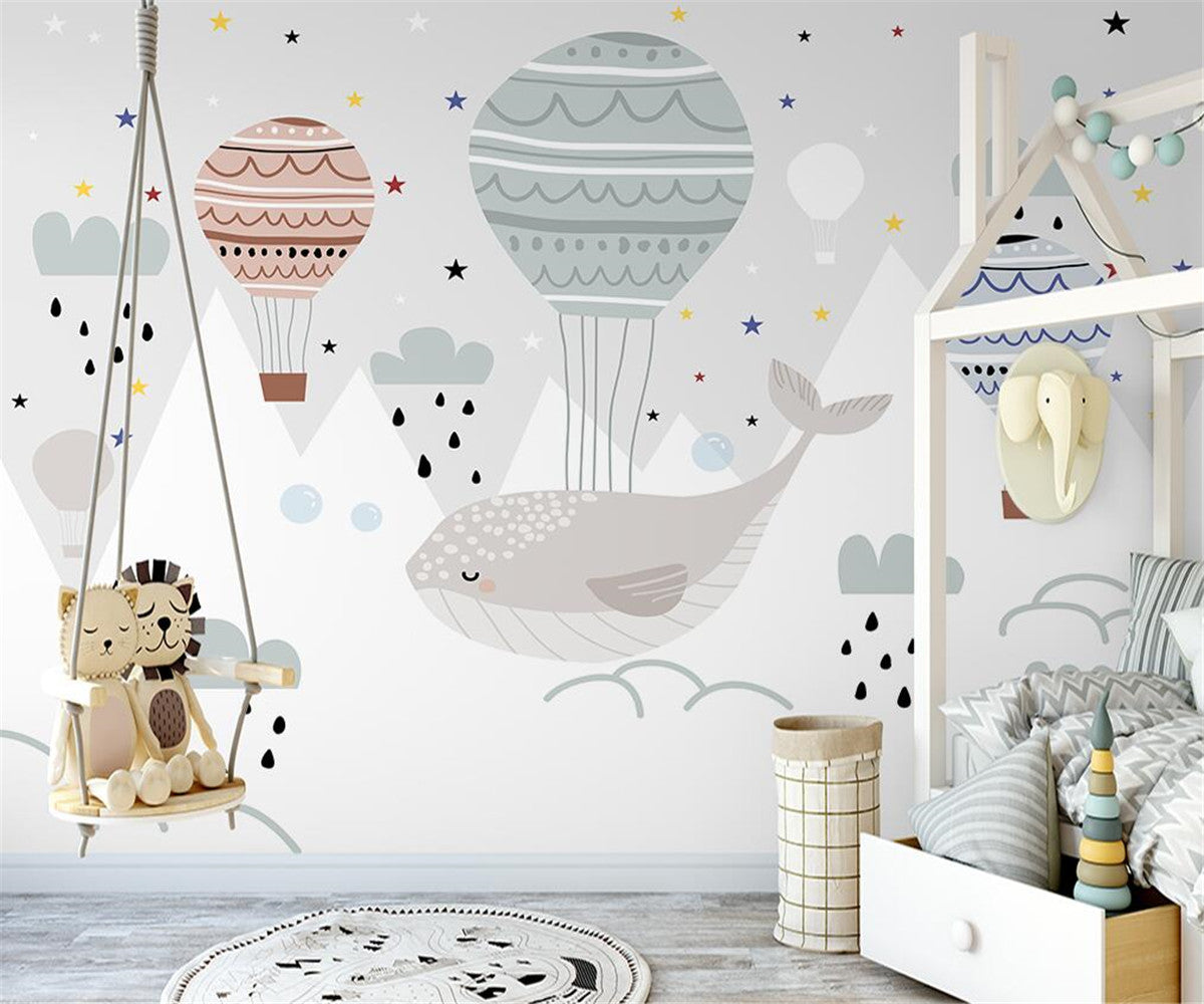 Whale and Hot Air Balloons Kids Room Wallpaper Mural - Playful Nursery Wall Decor for Boys & Girls Bedroom