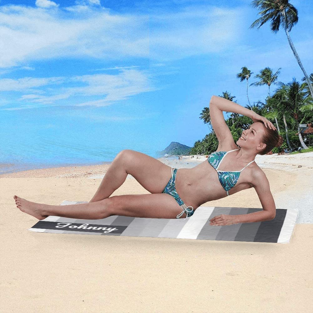 Personalized Beach Towels for Men & Kids - Black & White Cabana Stripe Pool Towel - Soft Quick-Dry Bath Towel for Swimming, Sunbathing & Beach Vacations