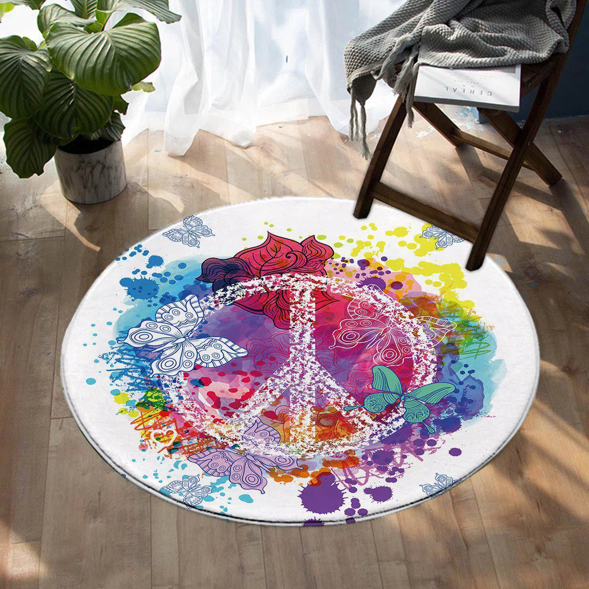 Peace on the Beach Round Area Rug - Soft Boho Coastal Decor for Living Room, Bedroom & Nursery - Perfect for Beach House, Vacation Home or Seaside Themed Spaces