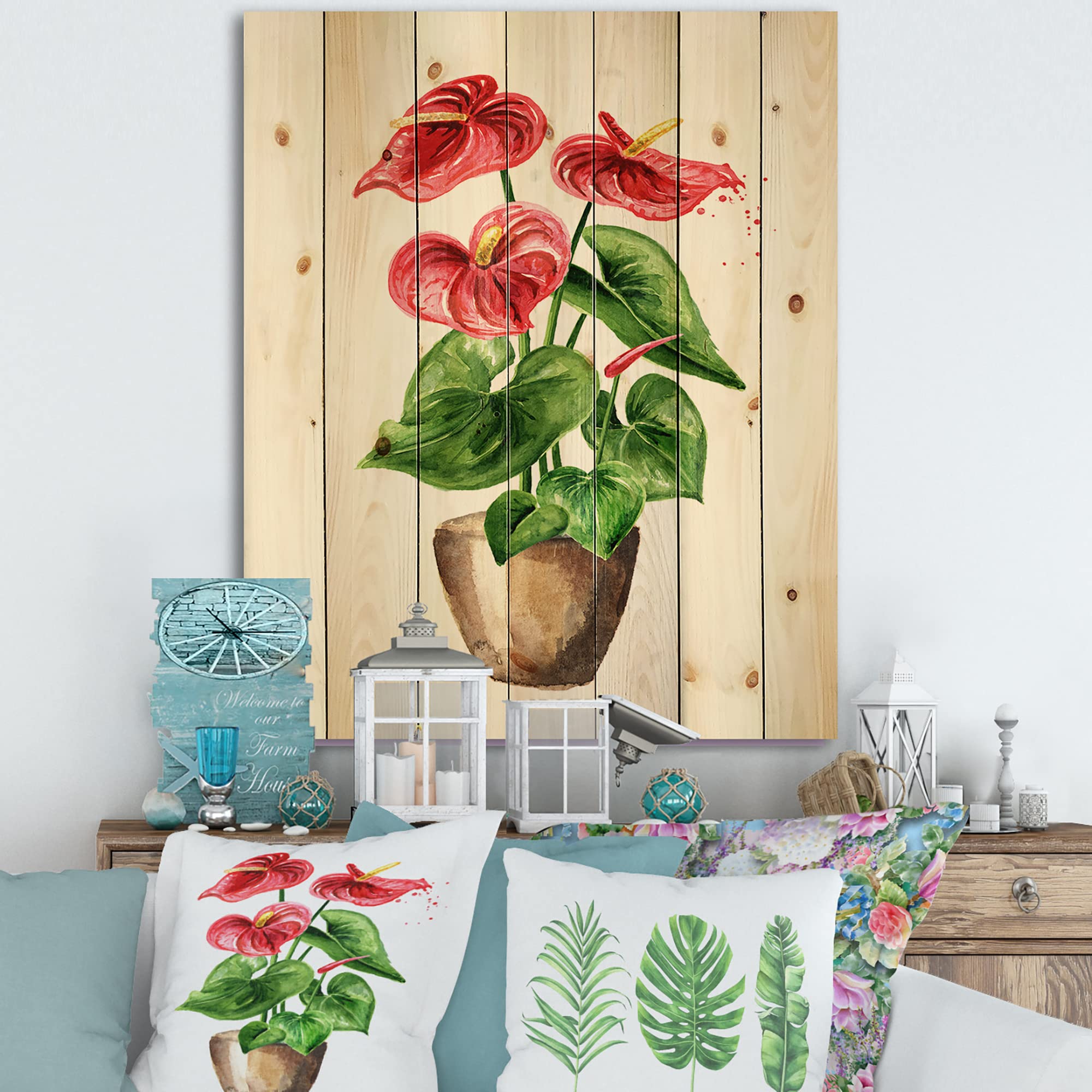 Anthurium Tailflower Flamingo Flower Pot - Traditional Red Wood Wall Decor, Large Floral Pine Wood Wall Art Panel - Perfect for Living Room, Bedroom & Office Decoration