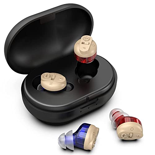 Rechargeable Hearing Aids for Seniors with Noise Cancelling - Invisible Mini Hearing Amplifiers for Elderly Hearing Loss - Blue & Red Pair with Charging Case - Perfect for TV Watching, Conversations & Outdoor Activities