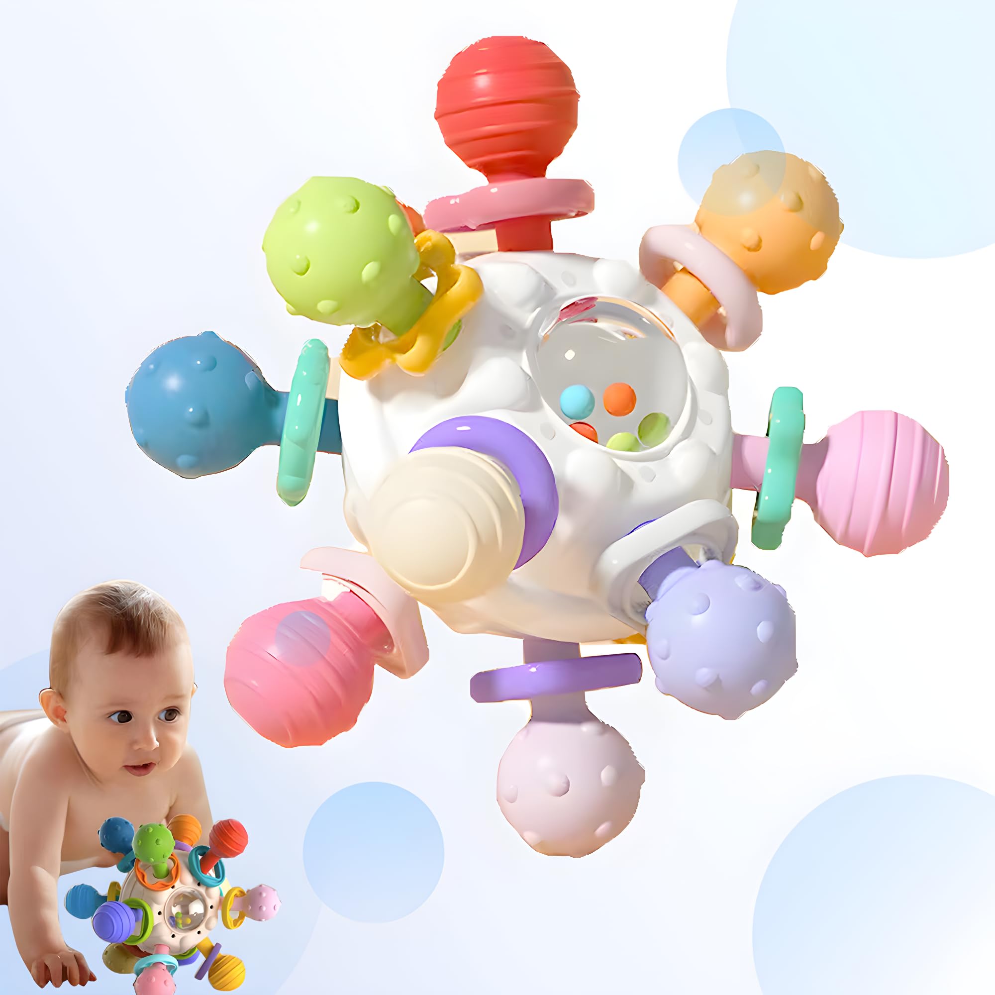 Montessori Baby Teething Toys - Sensory Developmental Learning Toys for Newborns 0-18 Months | Chewable Rattle Ball for Infants | Perfect Gift for Baby Girls & Boys (White) - Ideal for Soothing Gums & Early Learning Playtime