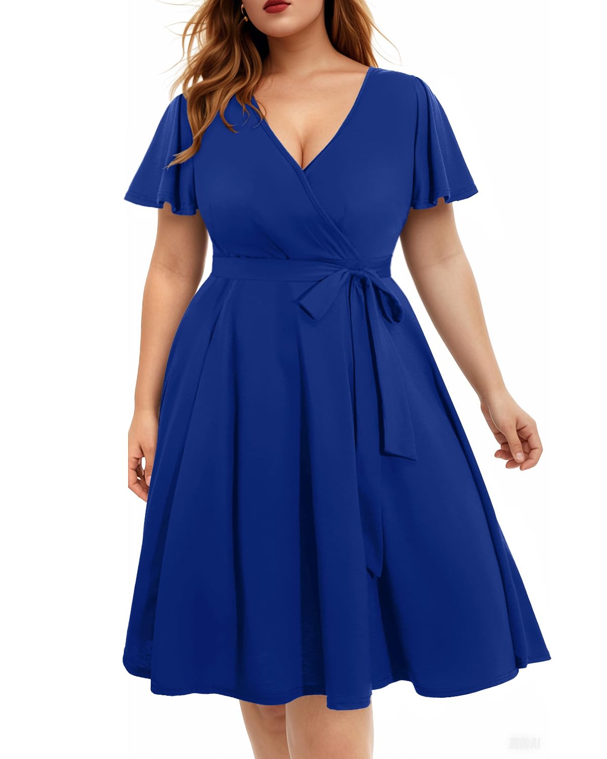 **Plus Size Pinup Fashion Women's Cocktail Dress - Semi Formal Wrap Empire Waist Midi Dress for Wedding Guest, Party & Special Occasions**