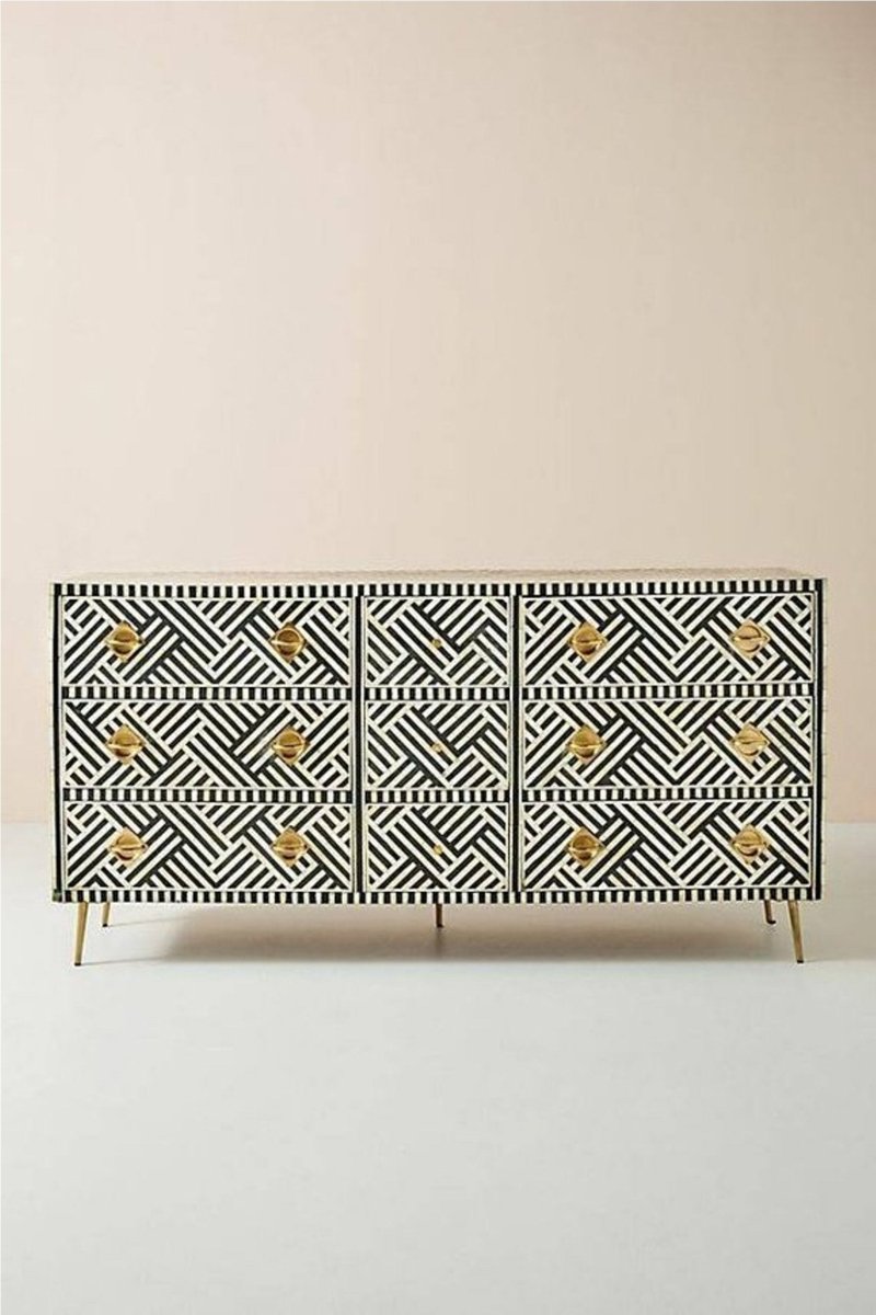 Handmade Exclusive Bone Inlay 9-Drawer Dresser - Vintage Style Bedroom Storage Furniture for Home Decor & Organization