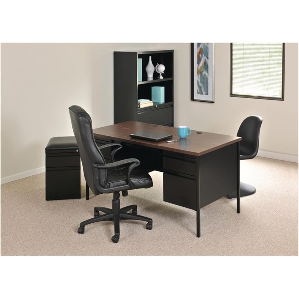 Pemberly Row Double Pedestal Metal Office Desk with Center Drawer - Black/Walnut Finish - Modern Home Office & Workspace Desk for Professionals & Students