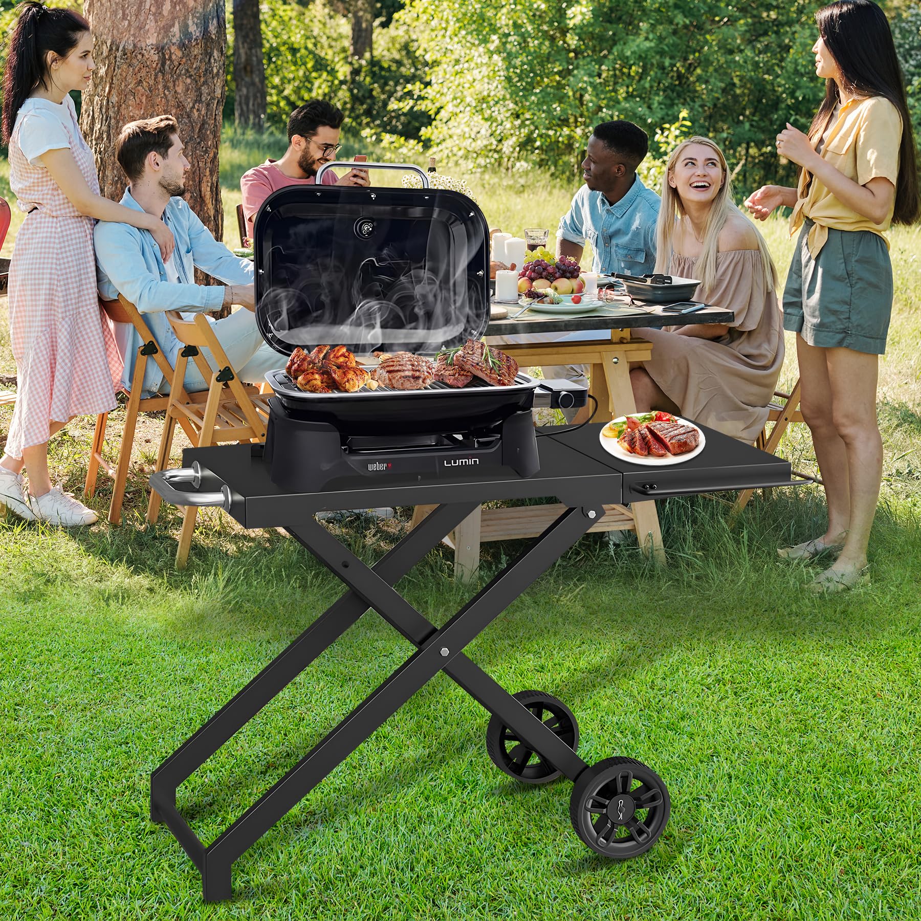Portable Electric Grill Cart for Weber Lumin Compact - Folding Outdoor BBQ Table with Side Shelf | Perfect for Backyard, Camping & Tailgating Parties | Compatible with Weber 91010901 & 91300901 Models