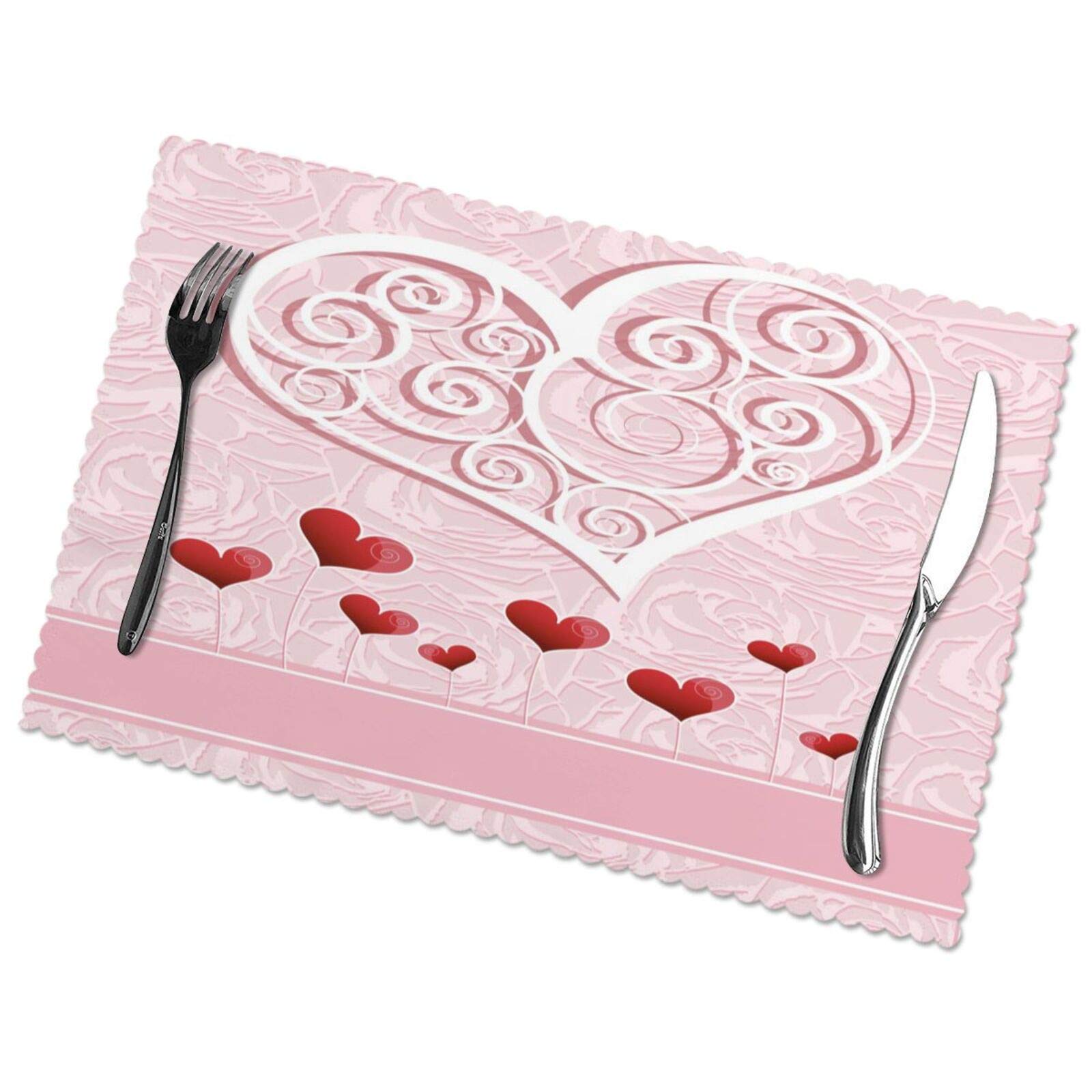 Valentine's Day Placemats Set of 4 - Pink Heart-Shaped Washable Table Mats 12x18 Inch, Heat-Resistant for Wedding, Mother's Day, Kitchen & Dining Table Decor - Perfect for Romantic Dinners & Holiday Celebrations