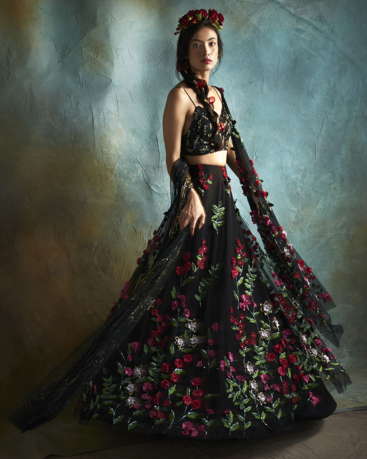 Black Petunia Lehenga Set for Women | Traditional Indian Bridal Party Wear | Elegant Chiffon Lehenga with Embroidered Blouse & Dupatta | Perfect for Weddings, Festivals & Special Occasions