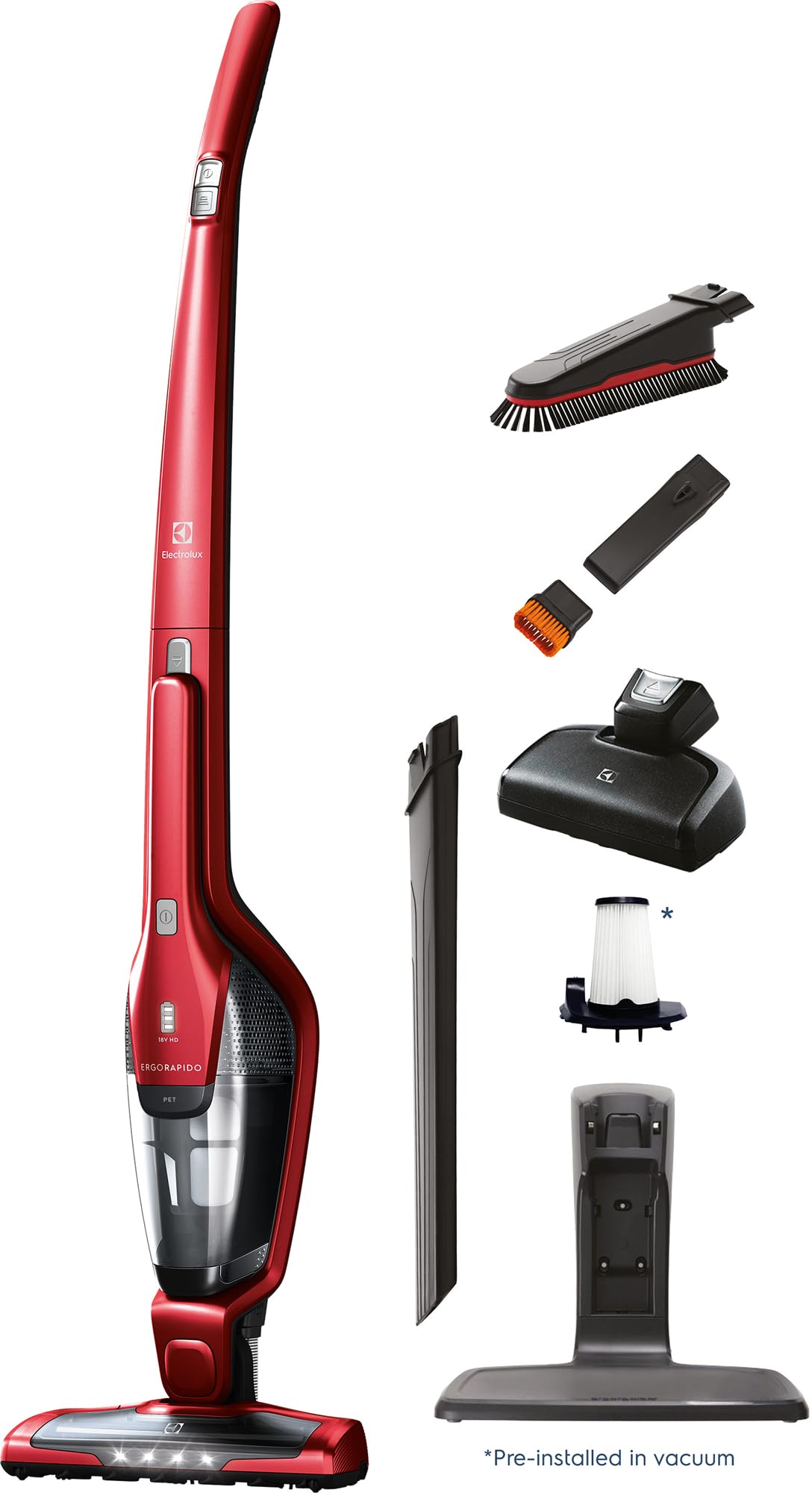 Electrolux Ergorapido Pet Cordless 2-in-1 Stick & Handheld Vacuum Cleaner with Motorized Pet Hair Brush - 48 Min Runtime, 2 Power Modes, Lightweight for Hard Floors & Carpets - Perfect for Pet Owners & Home Cleaning (Chili Red)