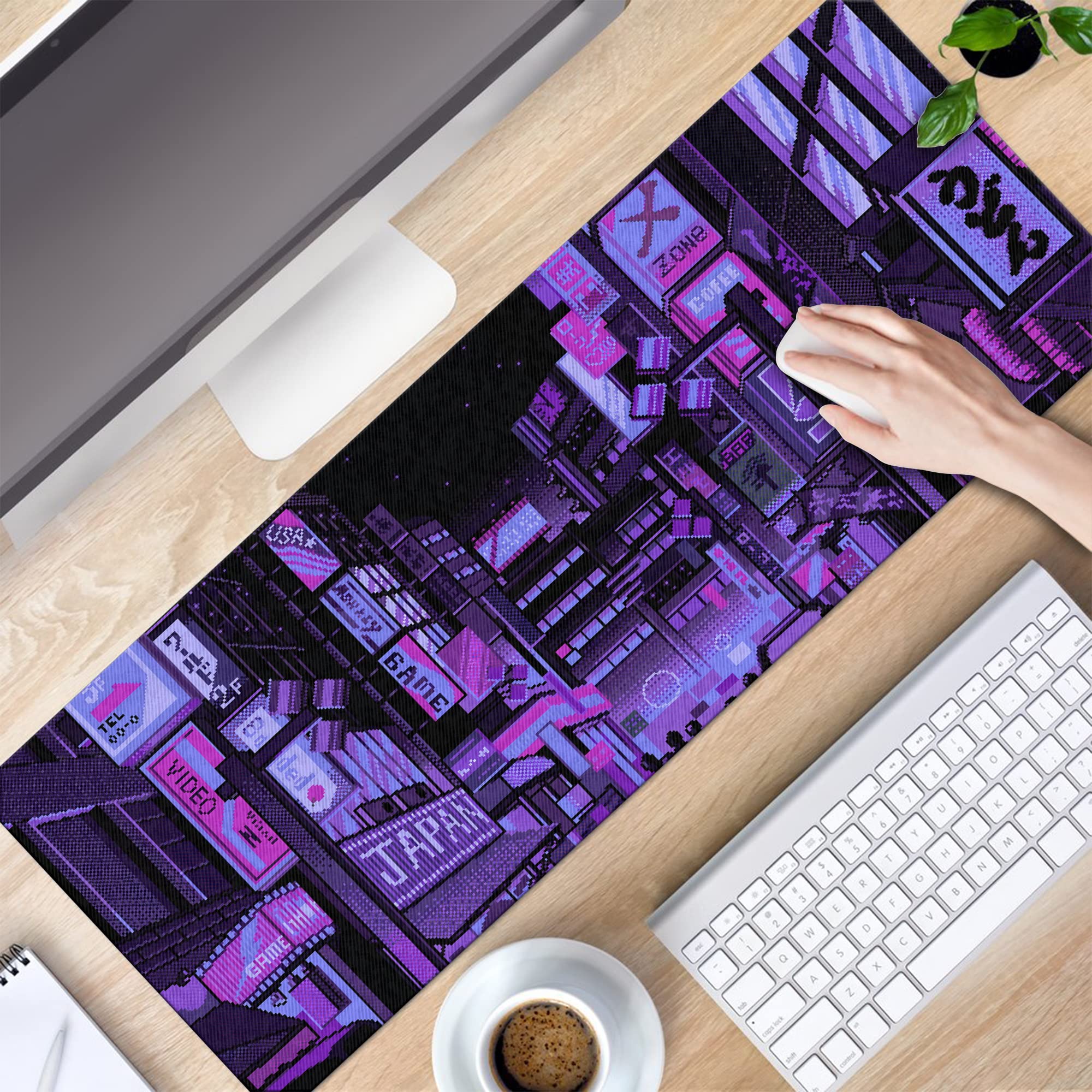 Dark Purple Japanese Anime Retro Vaporwave Mouse Pad - Extra Large Gaming Mouse Mat with Non-Slip Base for Keyboard & Laptop - Perfect for PC Gaming, Office Work & Kawaii Anime Lovers