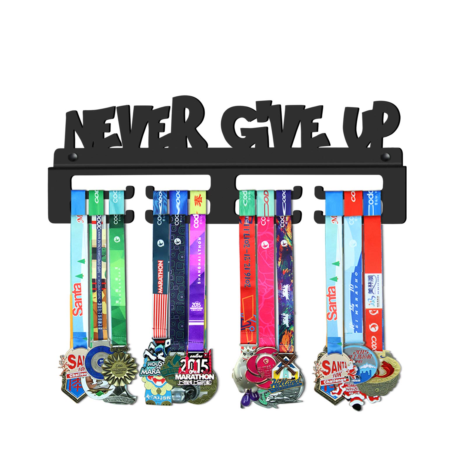 GENOVESE Never Give Up Medal Holder Display - Super Sturdy Black Steel Metal Wall Mounted Sports Medals Rack - Perfect for Showcasing Trophies in Home Gym, Kids Room or Sports Office