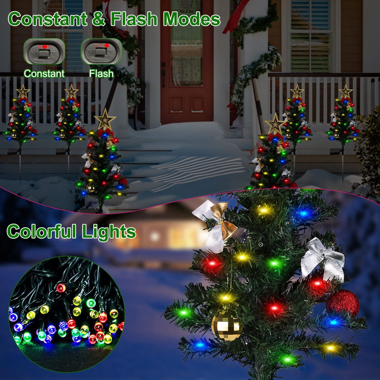 Upgraded Solar Christmas Tree Lights Outdoor - 20 LED RGB Solar Stake Lights, IP65 Waterproof, 2 Lighting Modes, for Garden Pathway Lawn Patio Decor (4 Pack) - Perfect for Holiday Yard Decorations & Christmas Landscape Lighting
