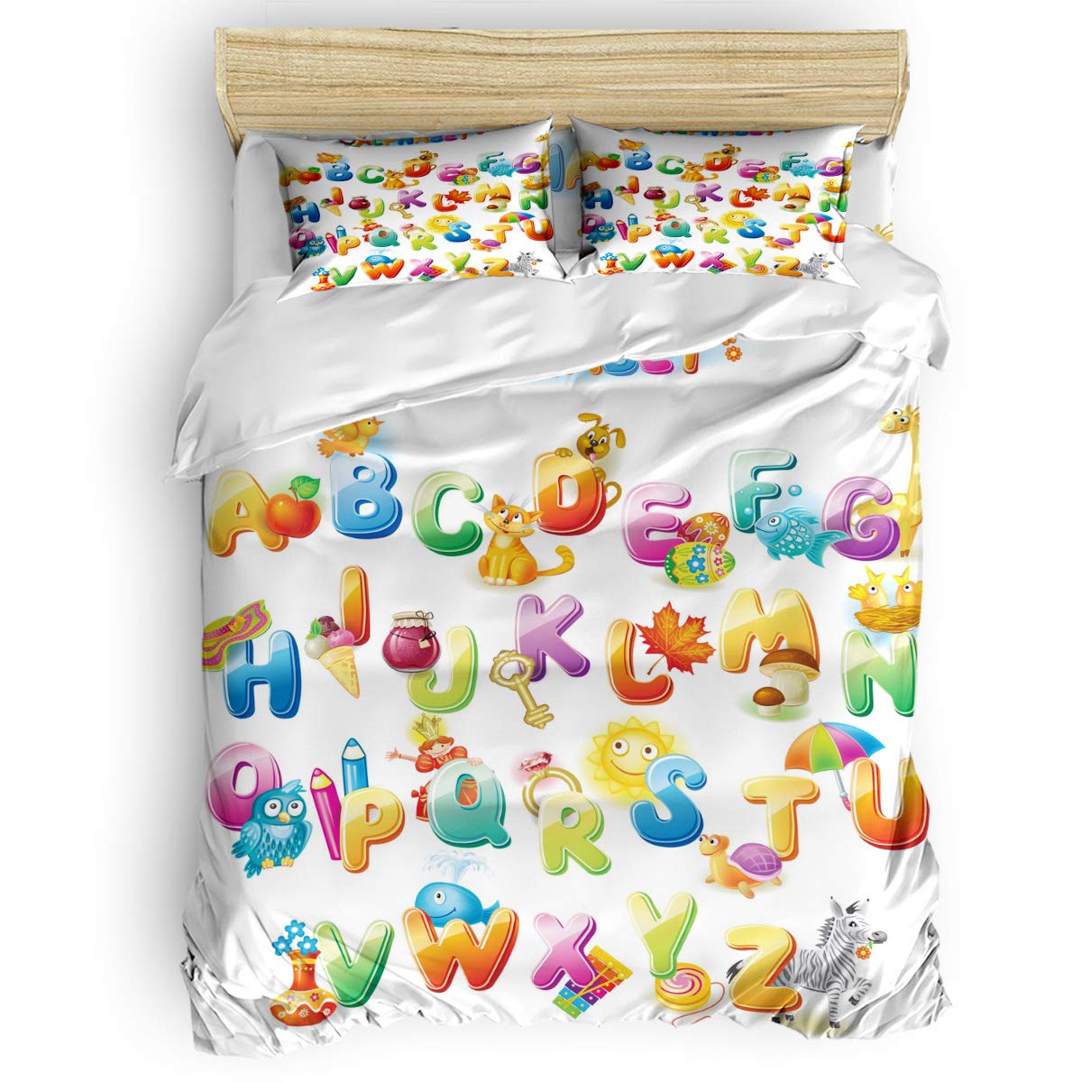 Yogaly 4-Piece King Size Bedding Set - Soft & Breathable Bed Sheets, Duvet Cover, Flat Sheet & Pillowcases for Adults, Teens & Kids | ABC Alphabet Educational Print | Perfect for Nursery, Dorm Room & Gift Giving