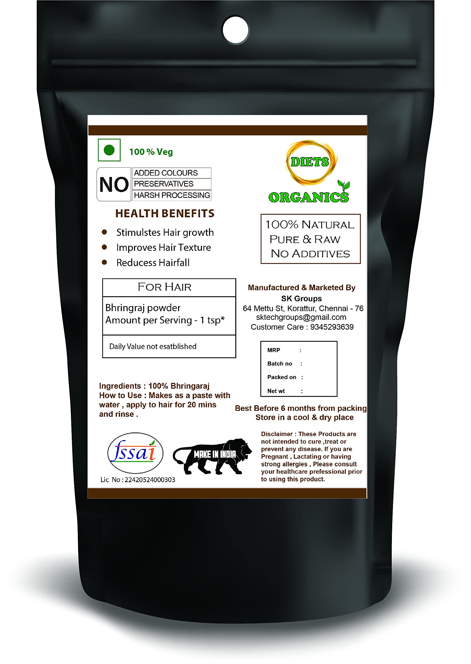 DIETS ORGANICS Bhringraj Powder for Hair Growth - 50g | Natural Ayurvedic Hair Care for Thicker, Longer Hair | Promotes Scalp Health & Reduces Hair Fall | Perfect for DIY Hair Masks & Ayurvedic Treatments